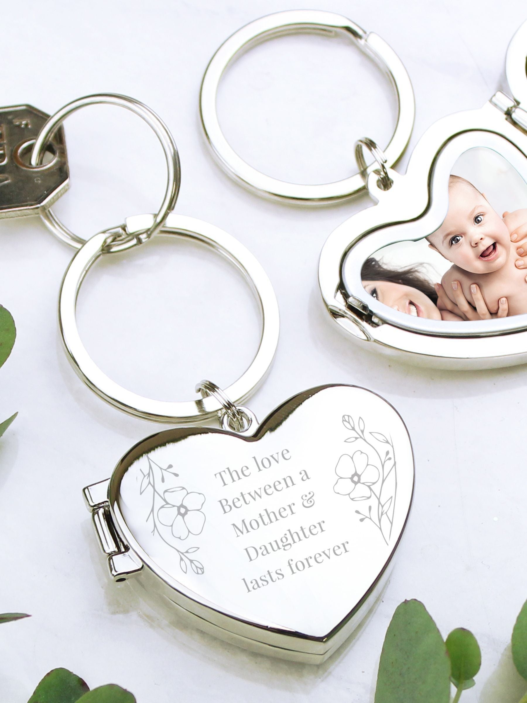 PMC personalised floral heart photo keyring (British brand)
