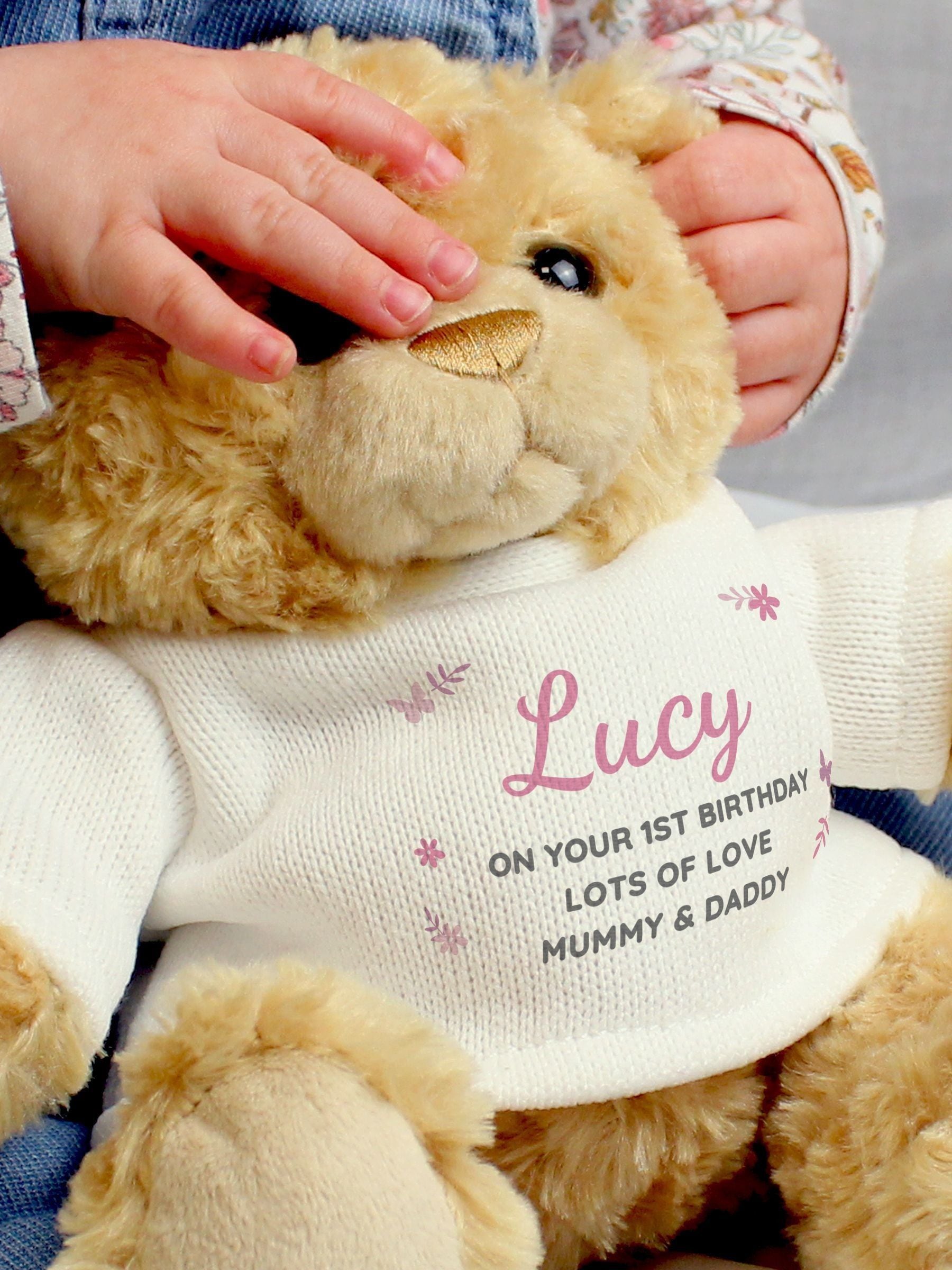 PMC personalised pink teddy bear with message, imported from the UK