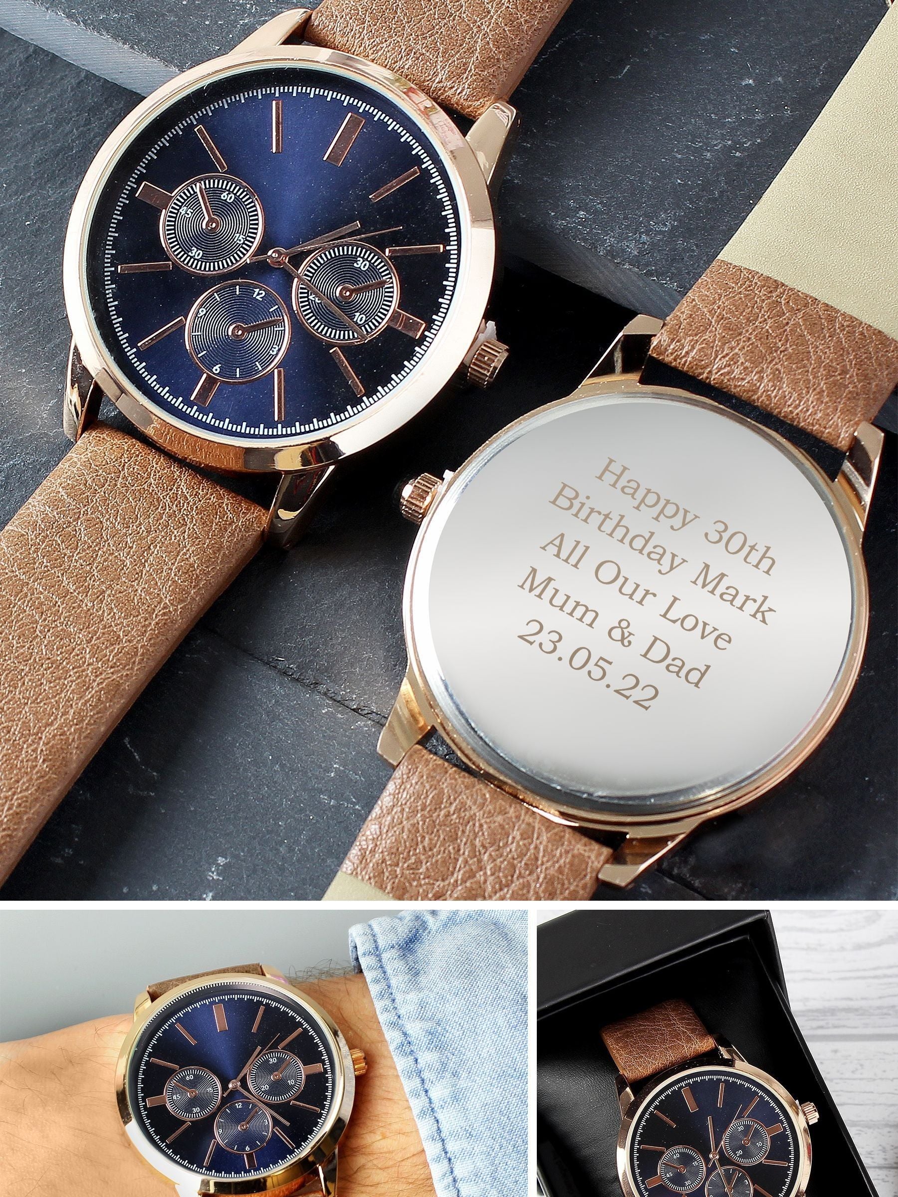PMC personalised men's rose gold watch with brown strap, imported from the UK