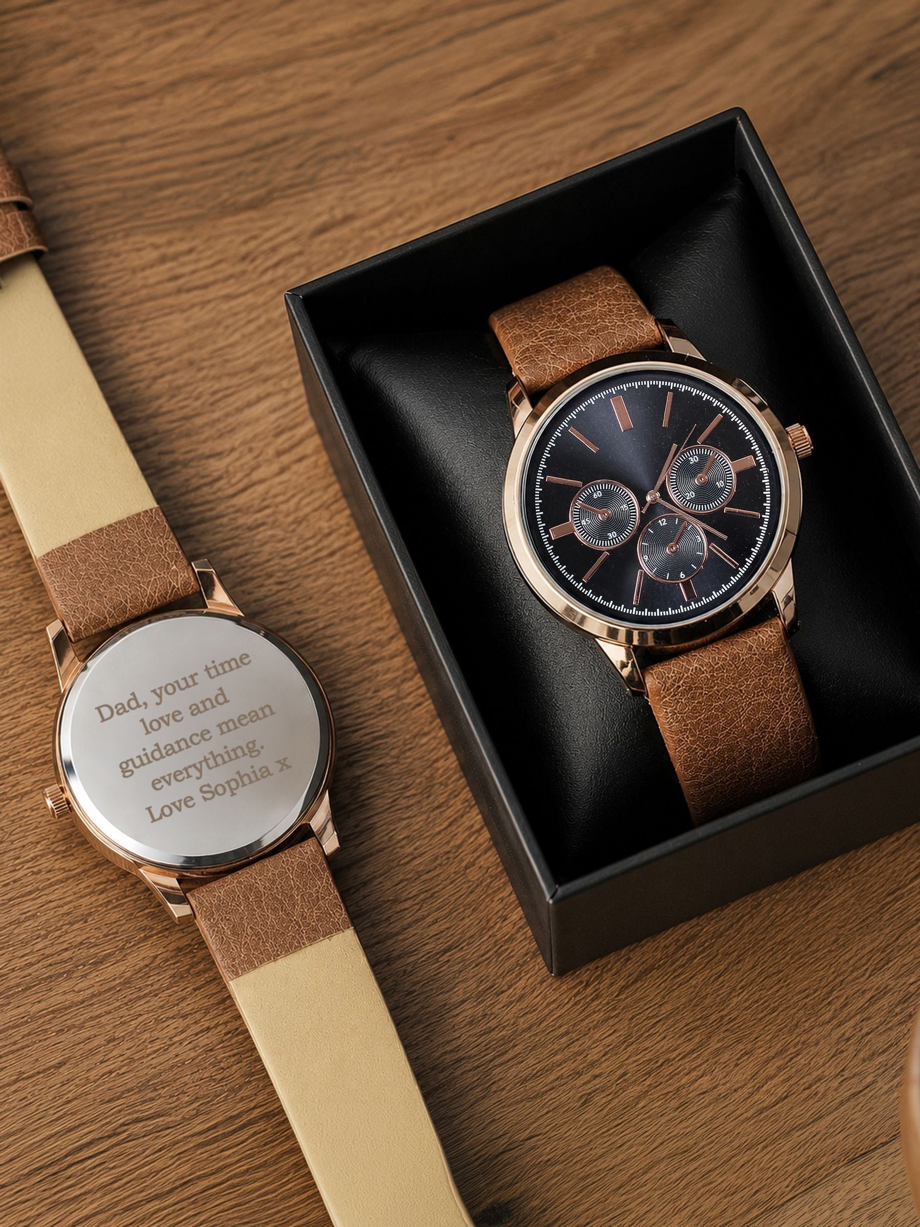 PMC personalised men's rose gold watch with brown strap, imported from the UK