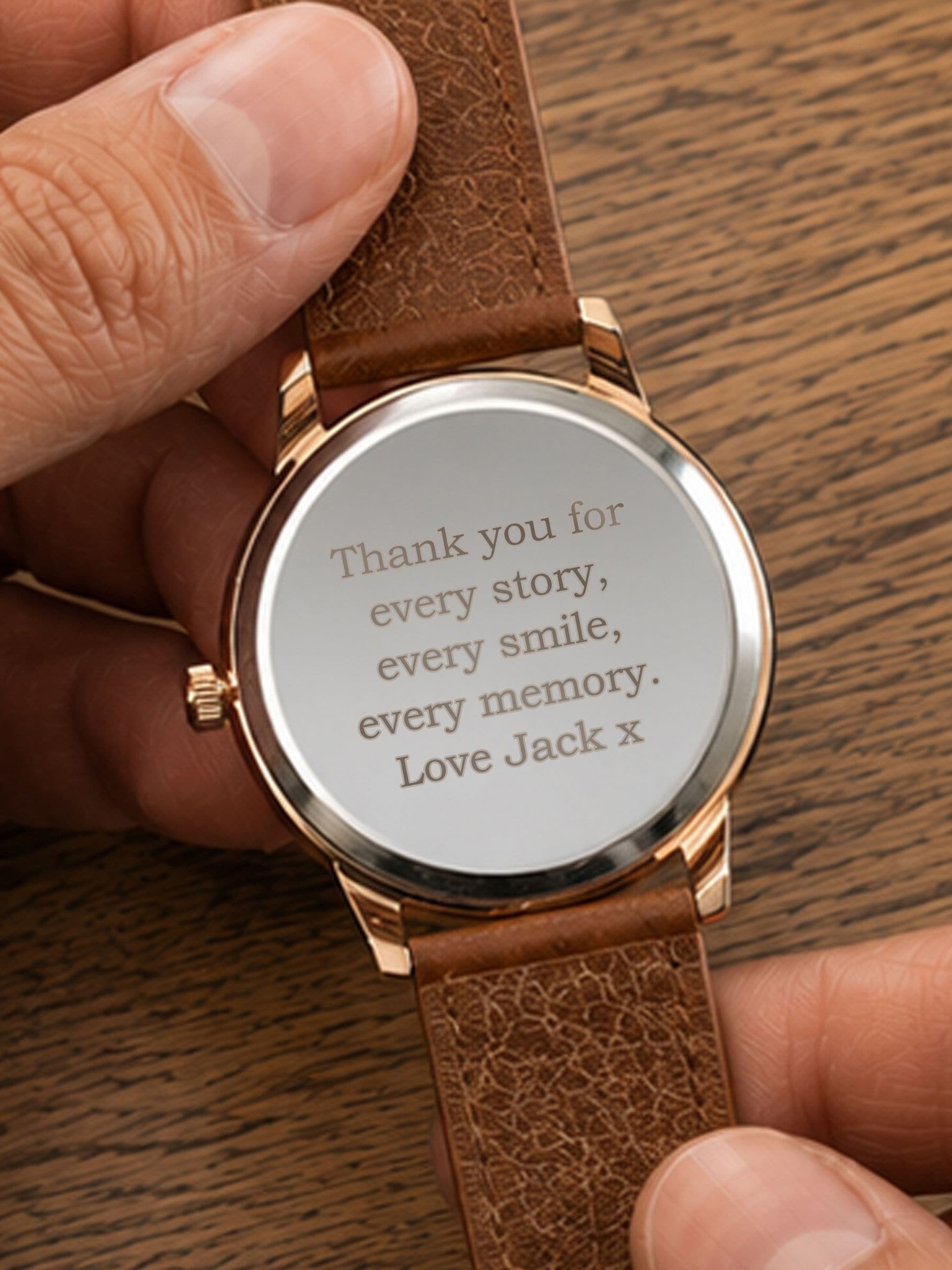 PMC personalised men's rose gold watch with brown strap, imported from the UK