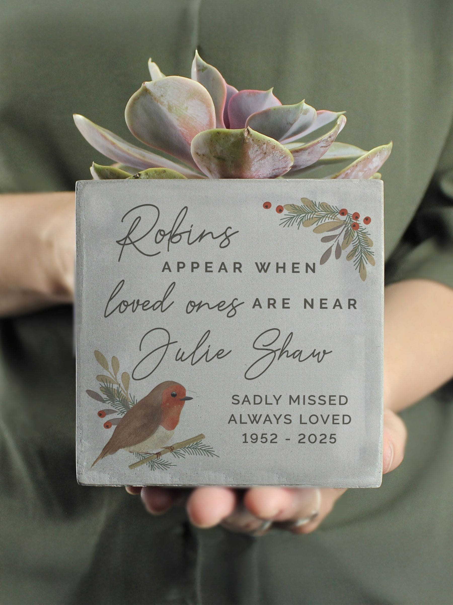 PMC personalised robin memorial concrete plant pot 10cm, UK version