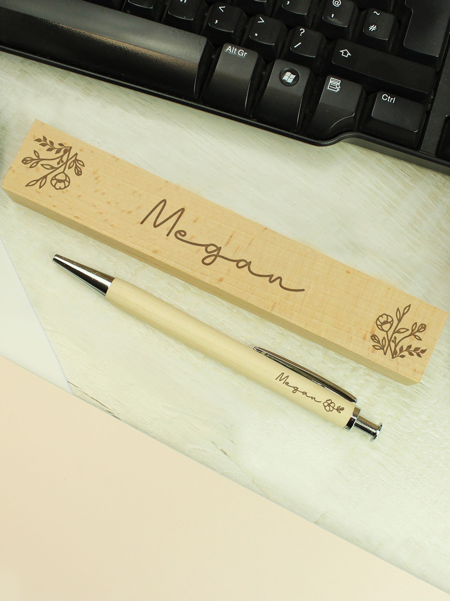 PMC personalised floral wooden pen box set, imported from the UK