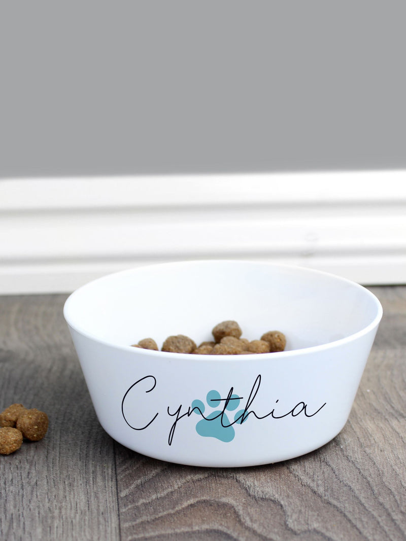 PMC blue personalised pawprint plastic cat bowl, UK version