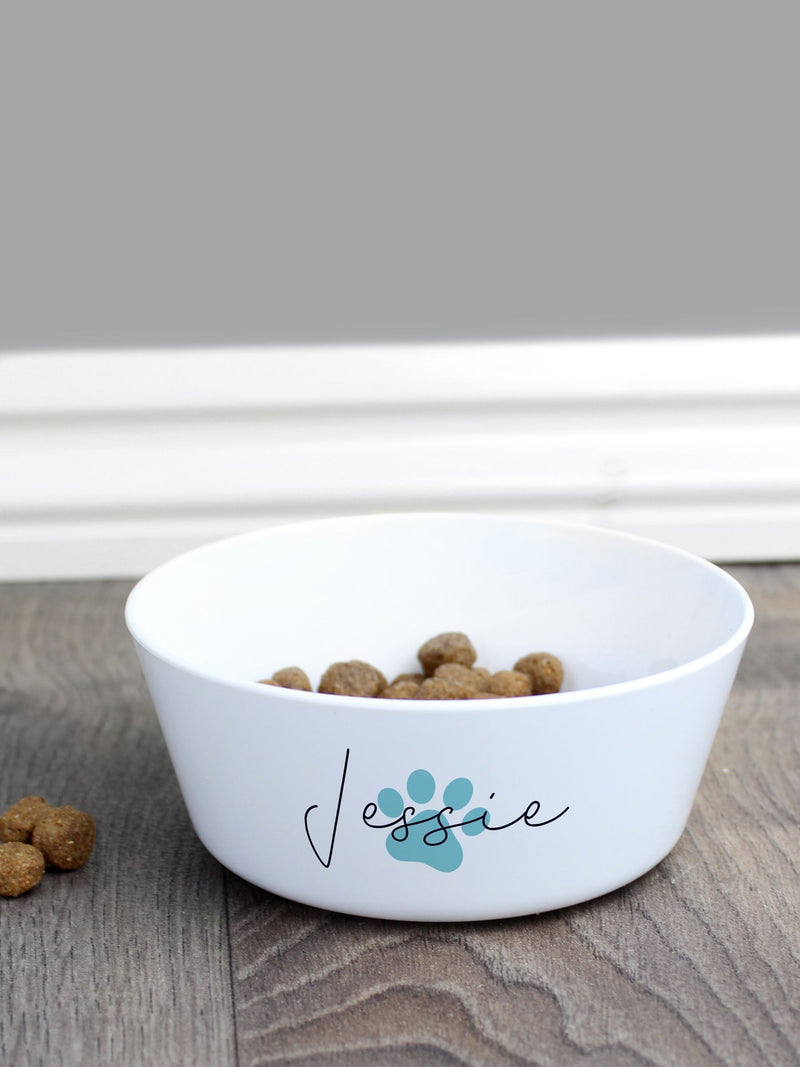 PMC blue personalised pawprint plastic cat bowl, UK version