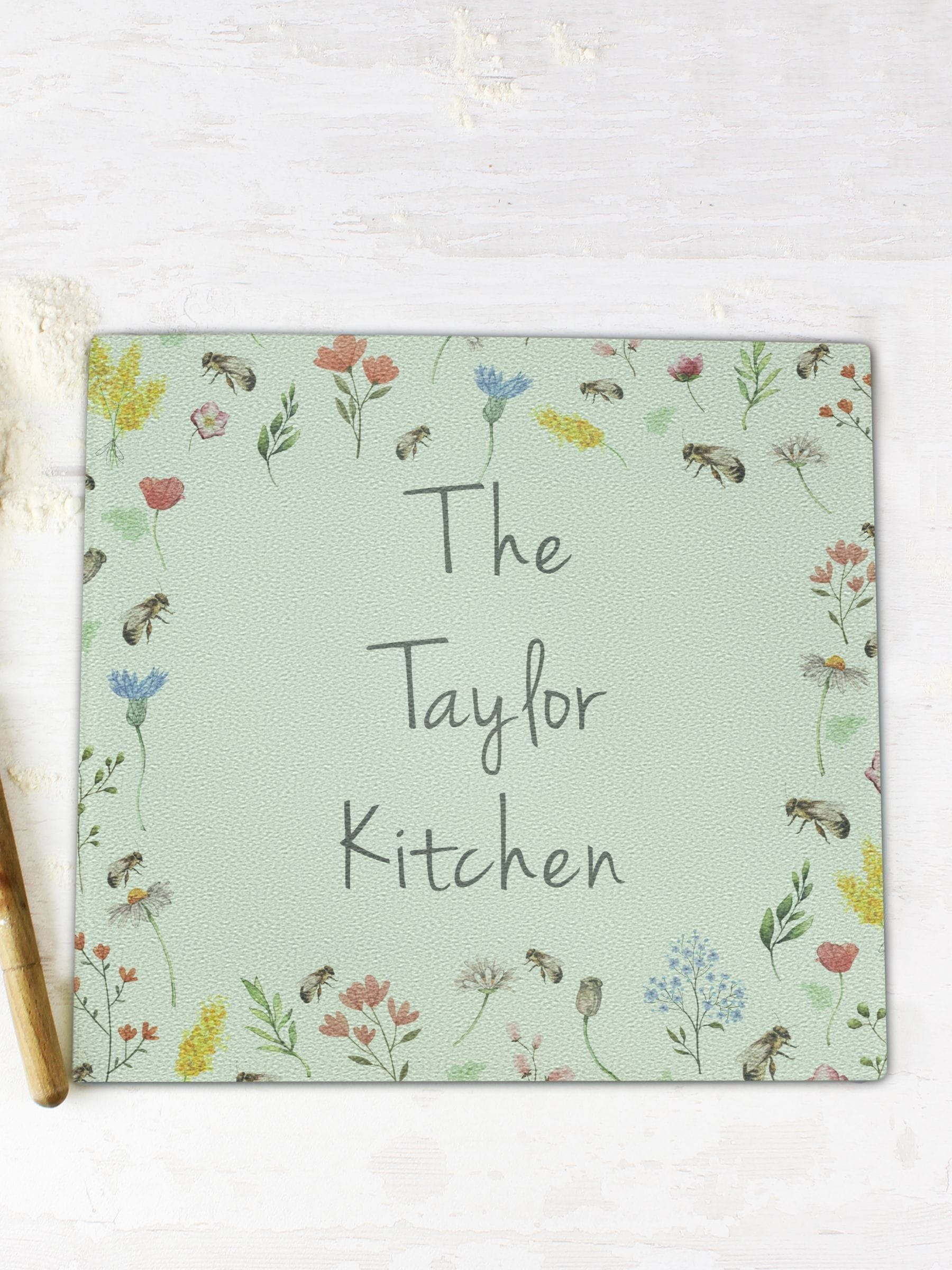 PMC floral personalised glass chopping board 27x29cm, imported from the UK