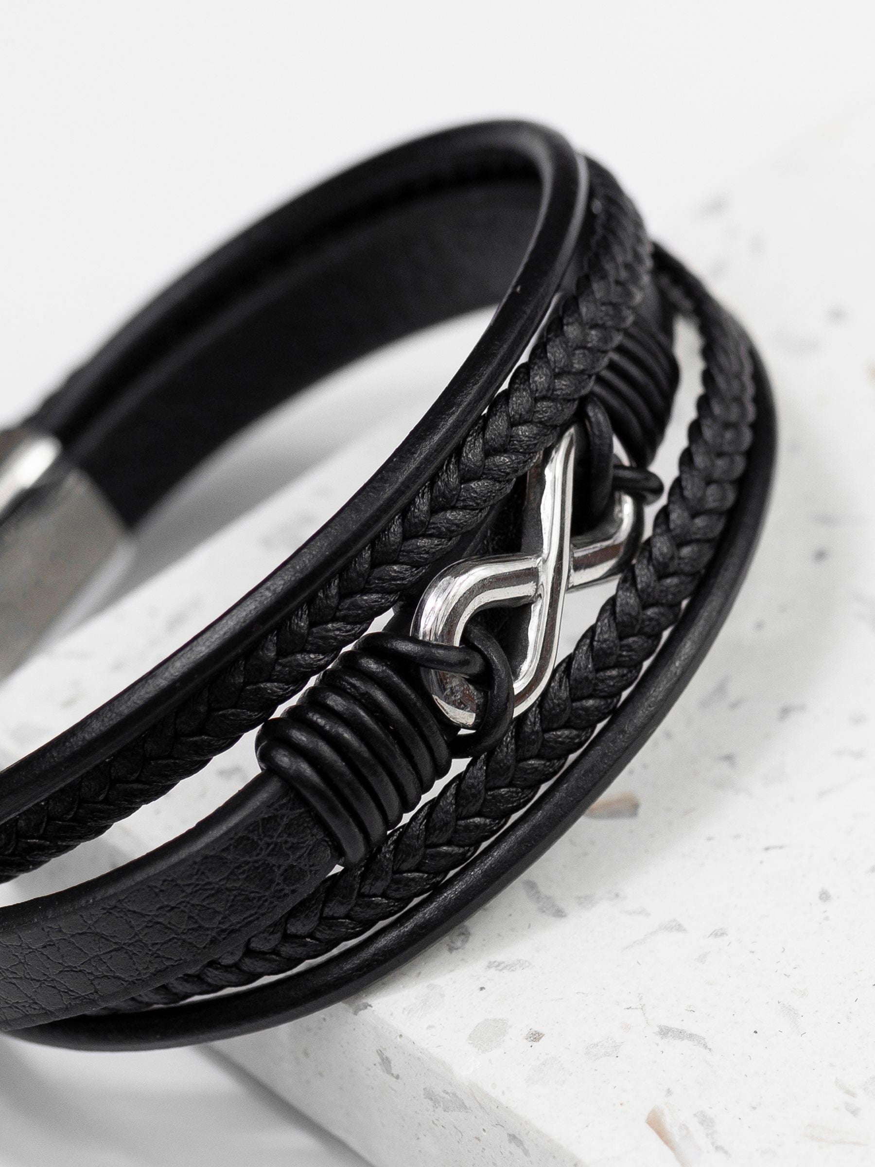 Treat Republic Men's Personalised Infinity Gunmetal Leather Stacked Black Bracelet (British brand)