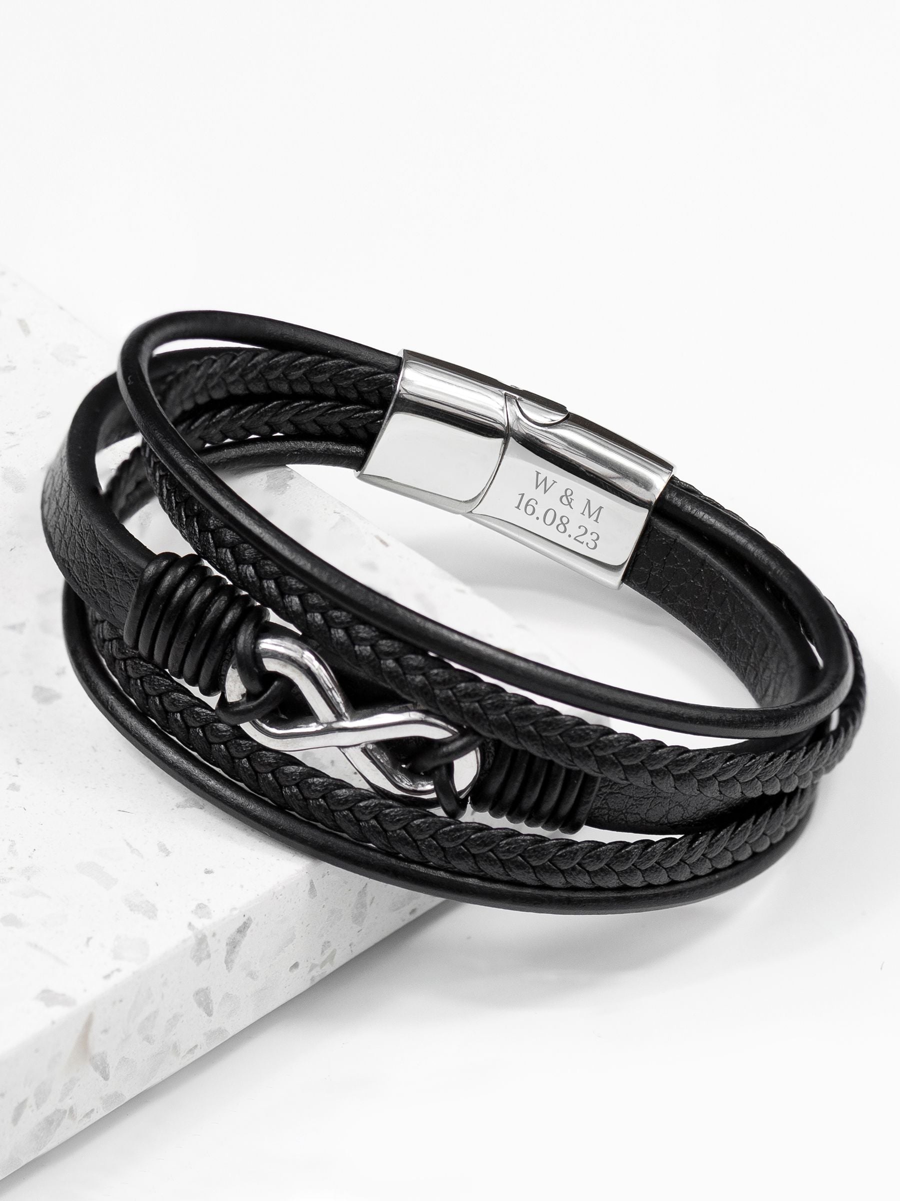 Treat Republic Men's Personalised Infinity Gunmetal Leather Stacked Black Bracelet (British brand)