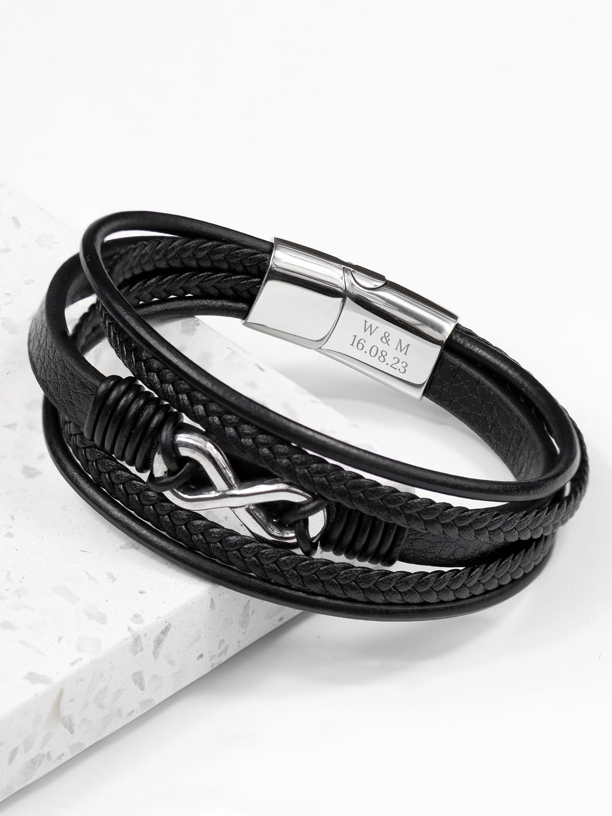 Treat Republic Men's Personalised Infinity Gunmetal Leather Stacked Black Bracelet (British brand)