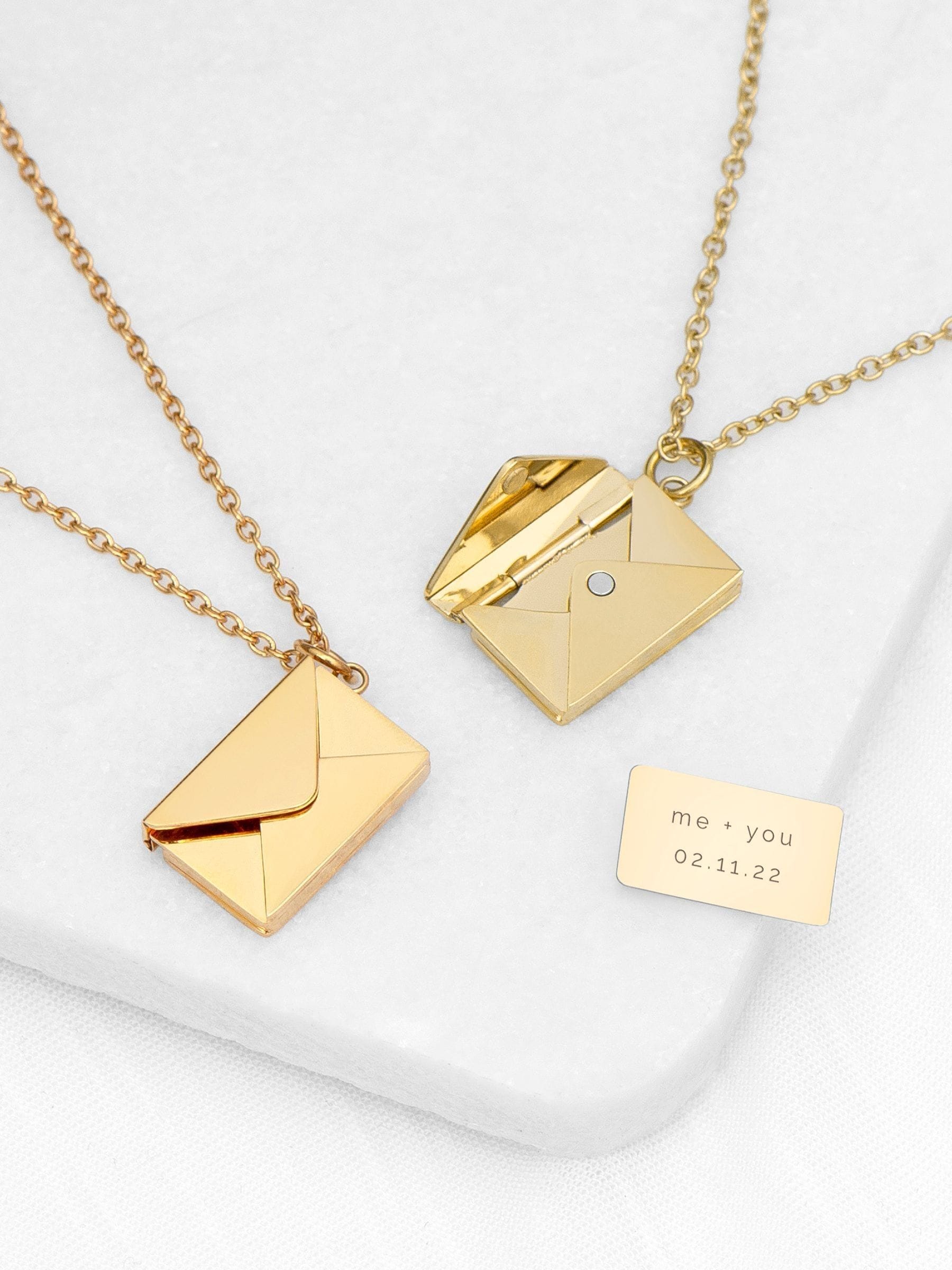 Treat Republic secret message envelope necklace with personalised engraving (British brand)