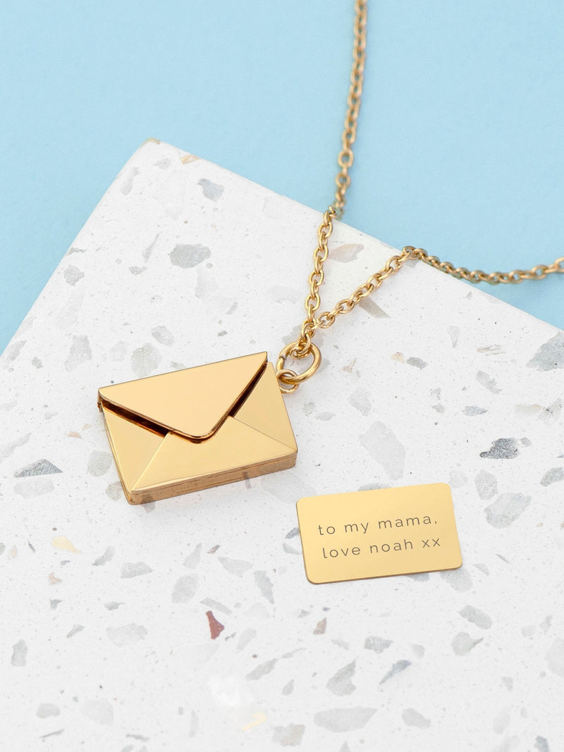 Treat Republic secret message envelope necklace with personalised engraving (British brand)