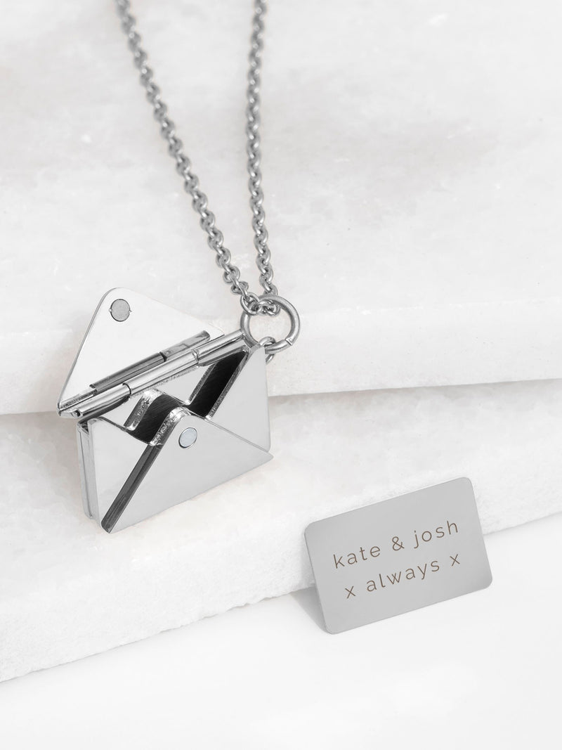 Treat Republic secret message envelope necklace with personalised engraving (British brand)