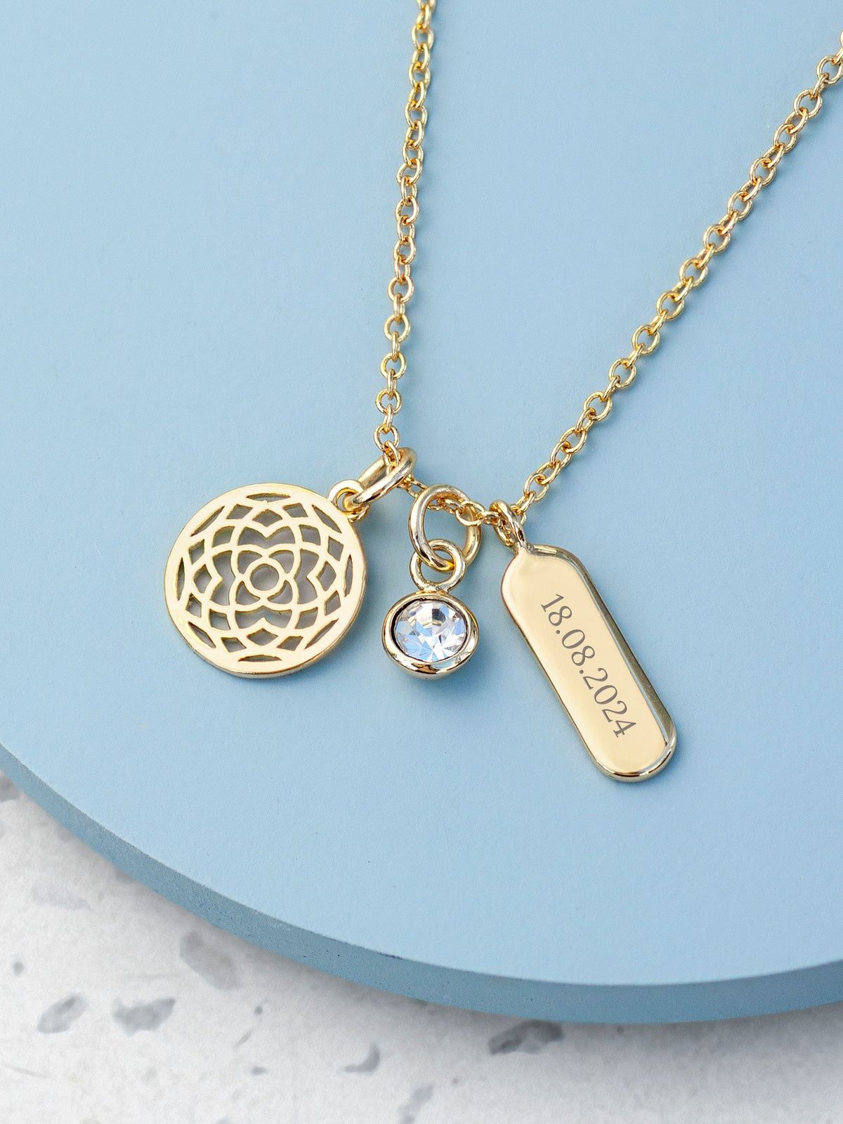 Personalised Mandala and Crystal Necklace with Engraved Tag