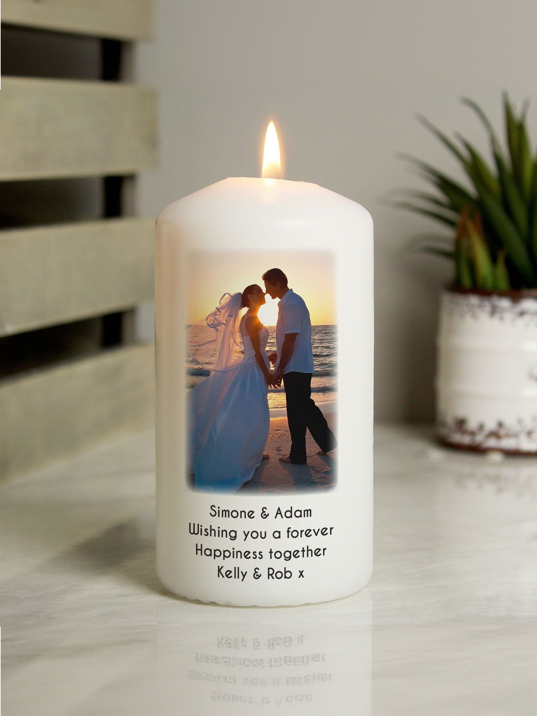 PMC personalised photo upload pillar candle, imported from the UK