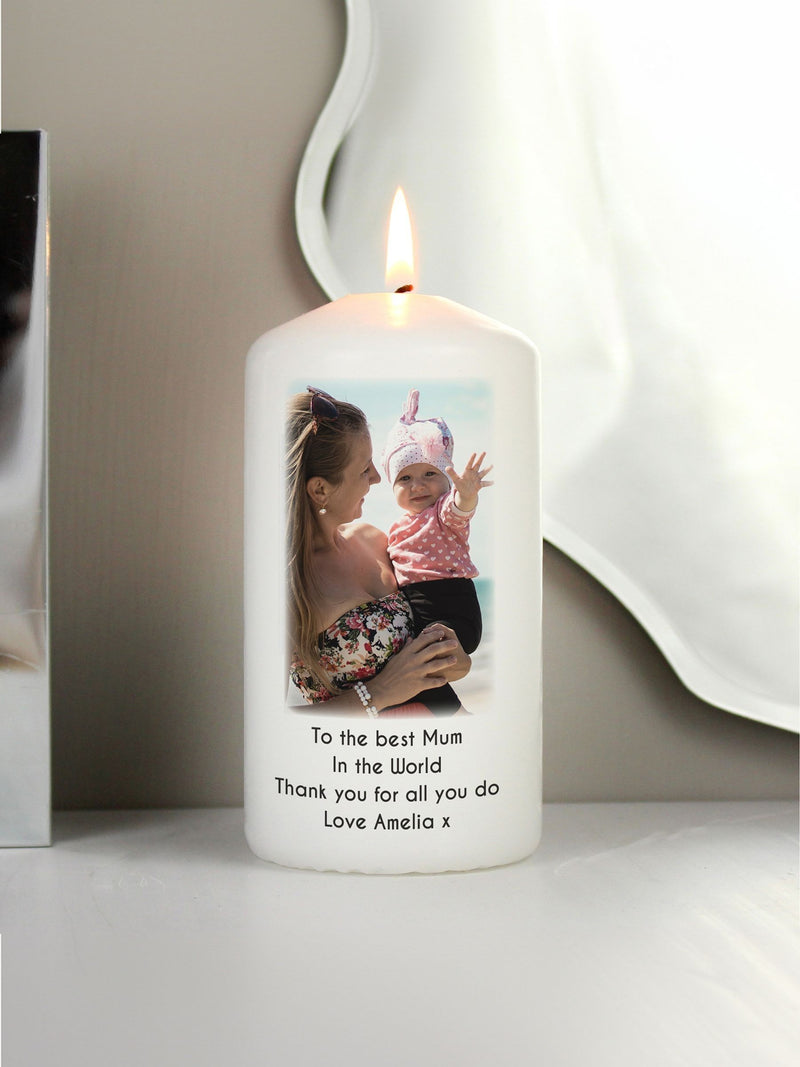 PMC personalised photo upload pillar candle, imported from the UK