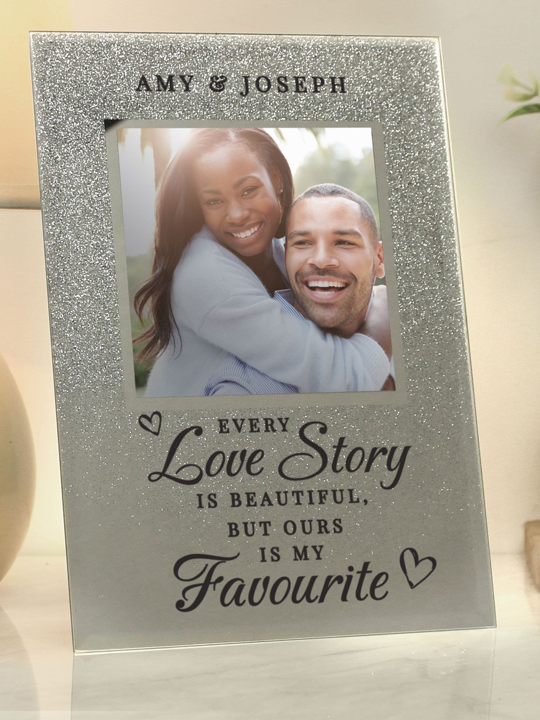 PMC personalised love story glitter glass photo frame 4x4, UK version