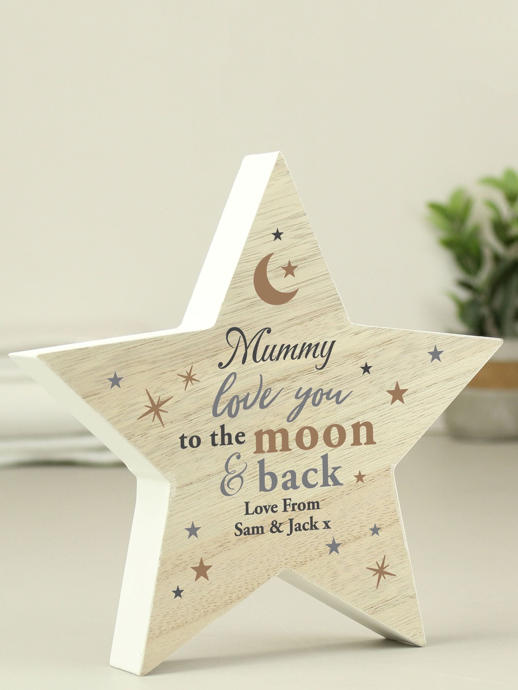 PMC personalised love you to the moon wooden star ornament, imported from the UK