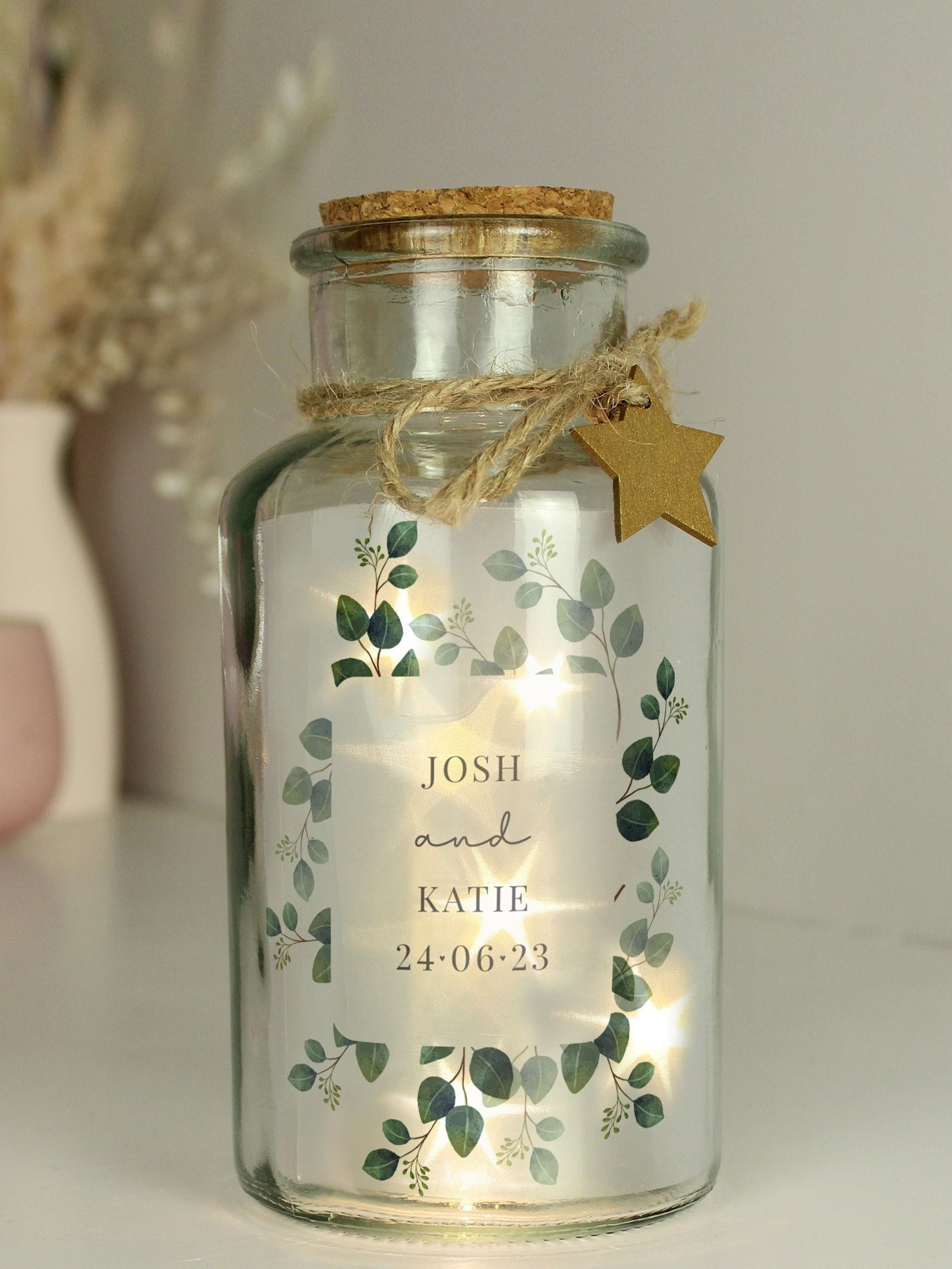 PMC personalised eucalyptus wedding LED glass jar (British brand)