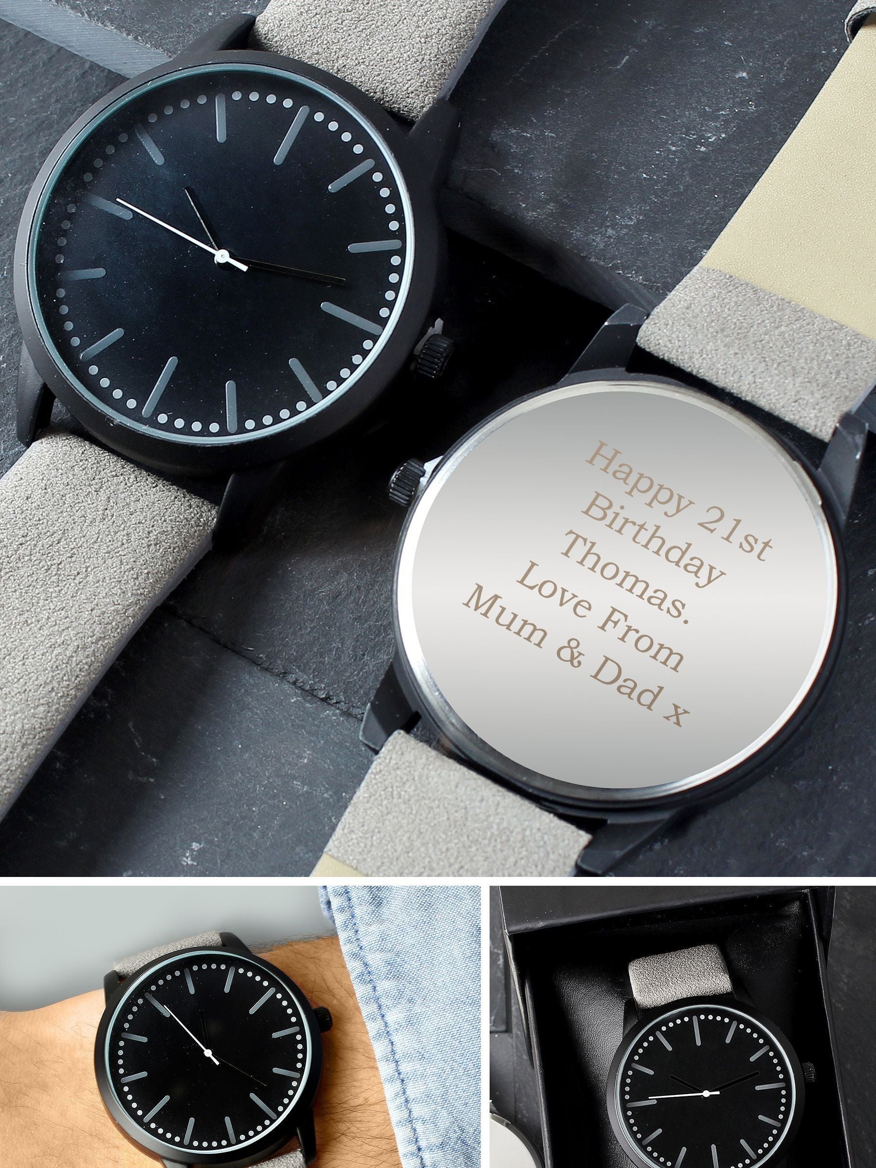 PMC Personalised Mens Matte Black Watch with Grey Strap, imported from the UK