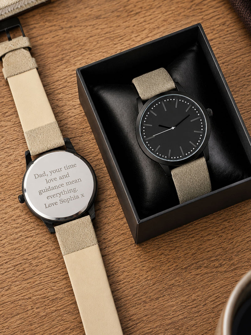 PMC Personalised Mens Matte Black Watch with Grey Strap, imported from the UK