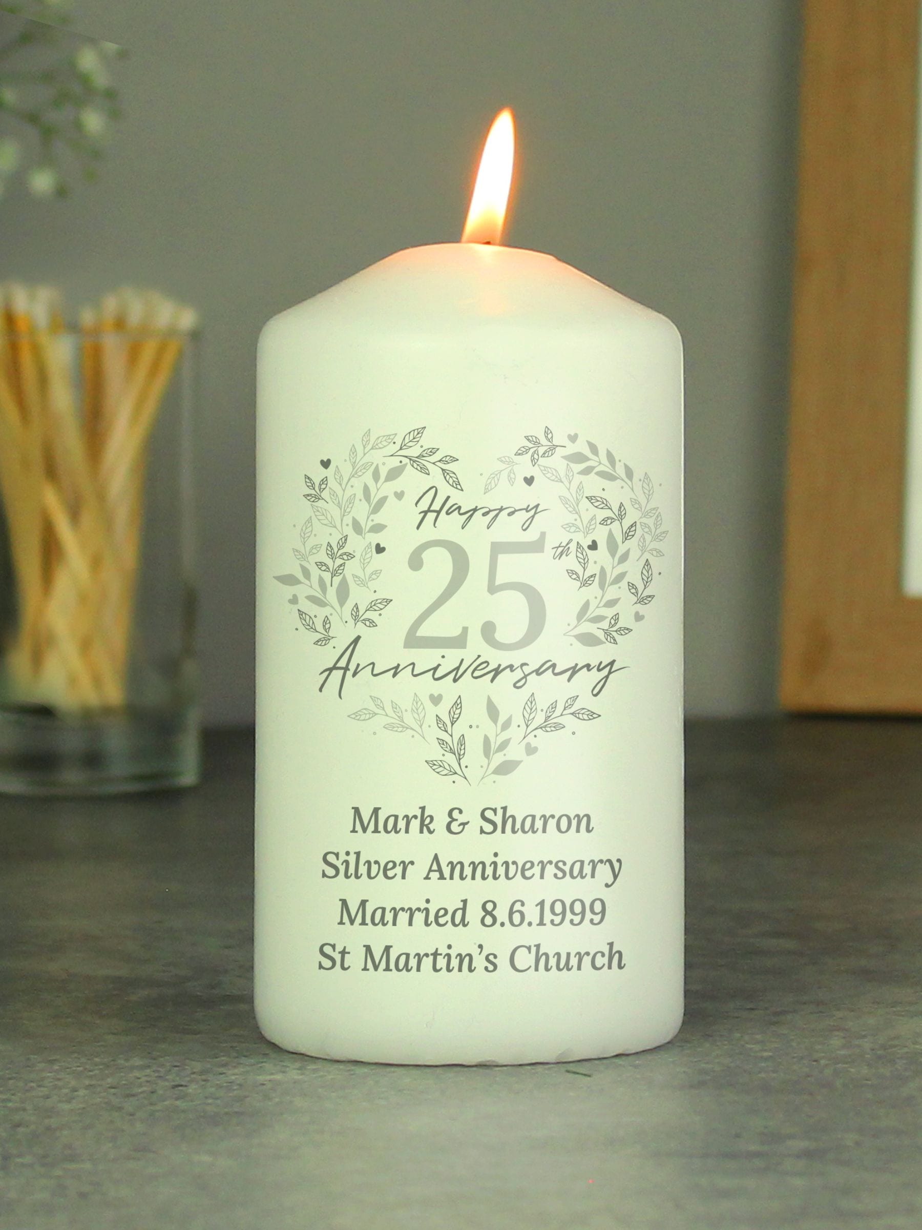 PMC personalised silver anniversary candle 12.6 cm (British brand)