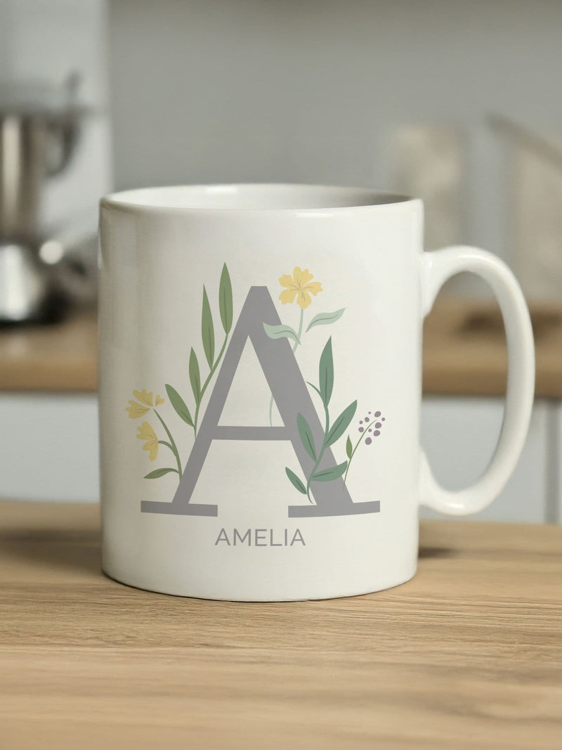 PMC personalised floral initial white mug, imported from the UK