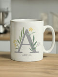 PMC personalised floral initial white mug, imported from the UK