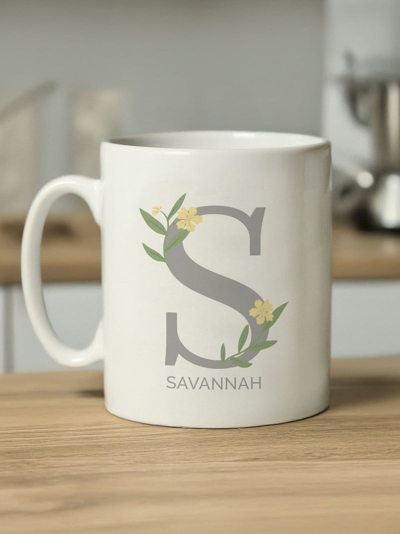 PMC personalised floral initial white mug, imported from the UK