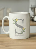 PMC personalised floral initial white mug, imported from the UK