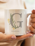 PMC personalised floral initial white mug, imported from the UK