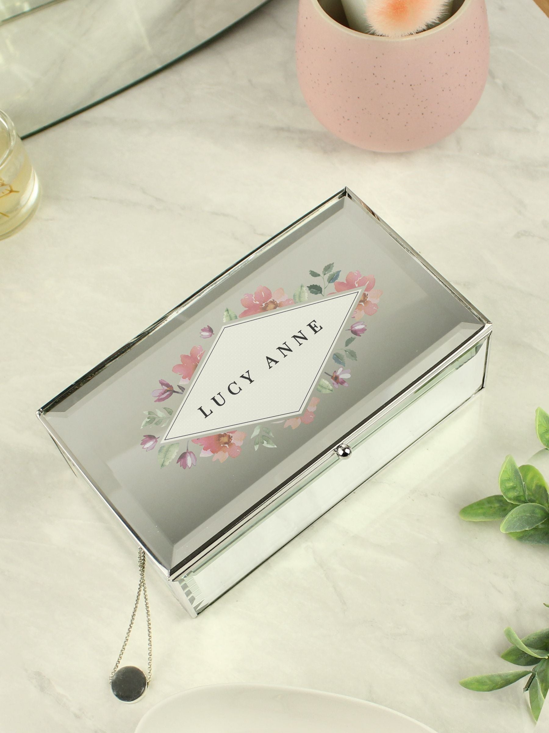 PMC personalised floral mirrored jewellery box, imported from the UK