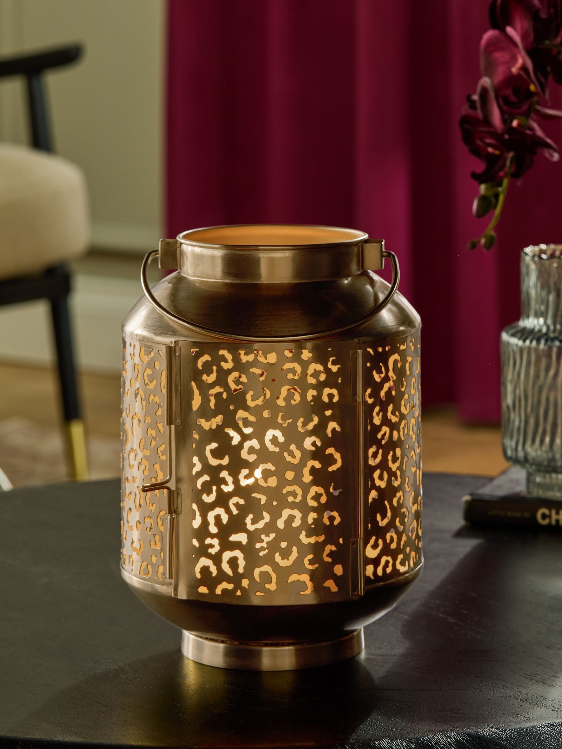 Gold metal leopard print cutout lantern 23cm height, UK version