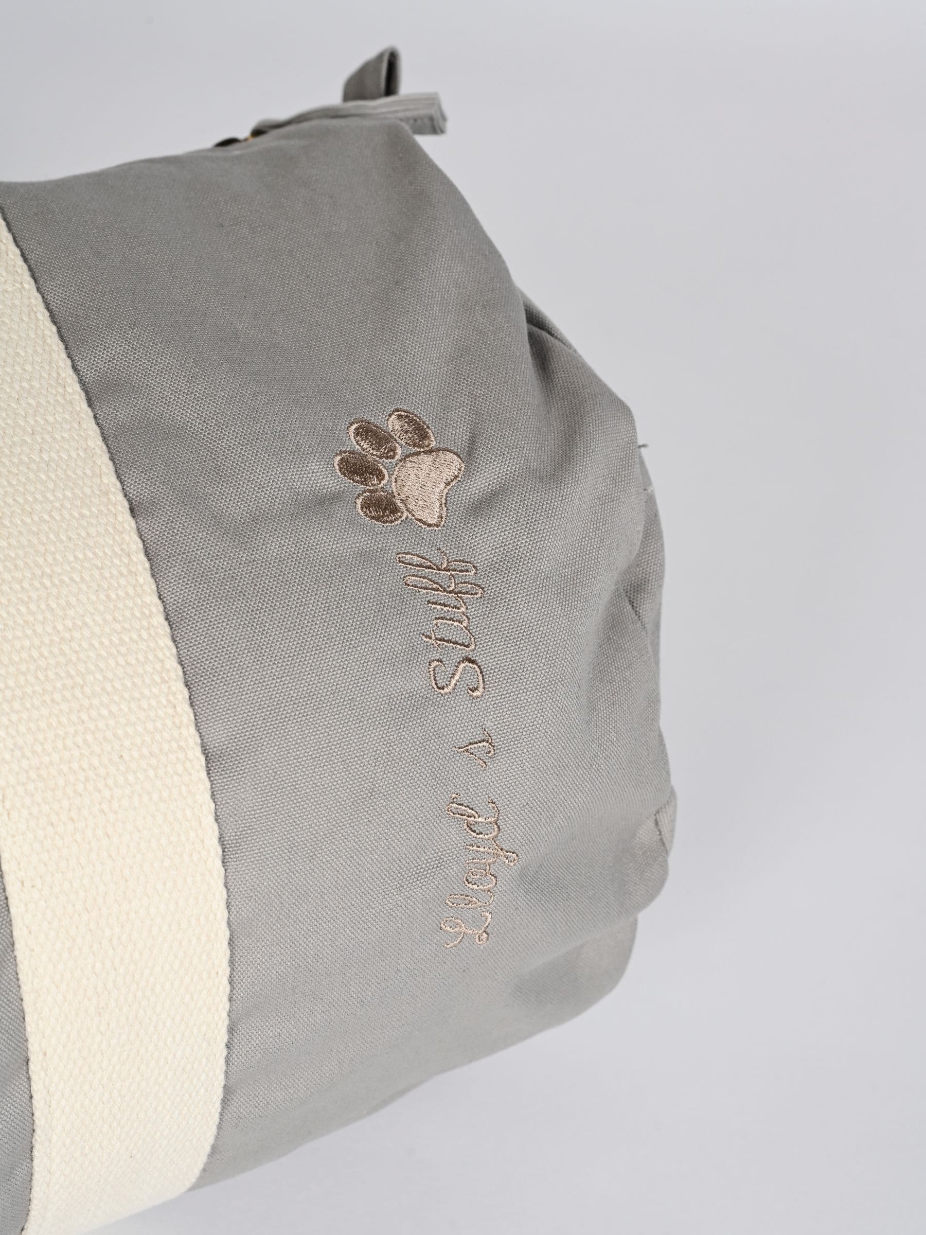 RUFF personalised grey barrel bag for dogs, UK version