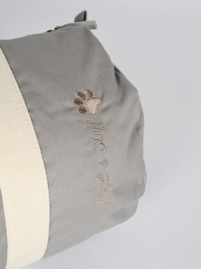 RUFF personalised grey barrel bag for dogs, UK version