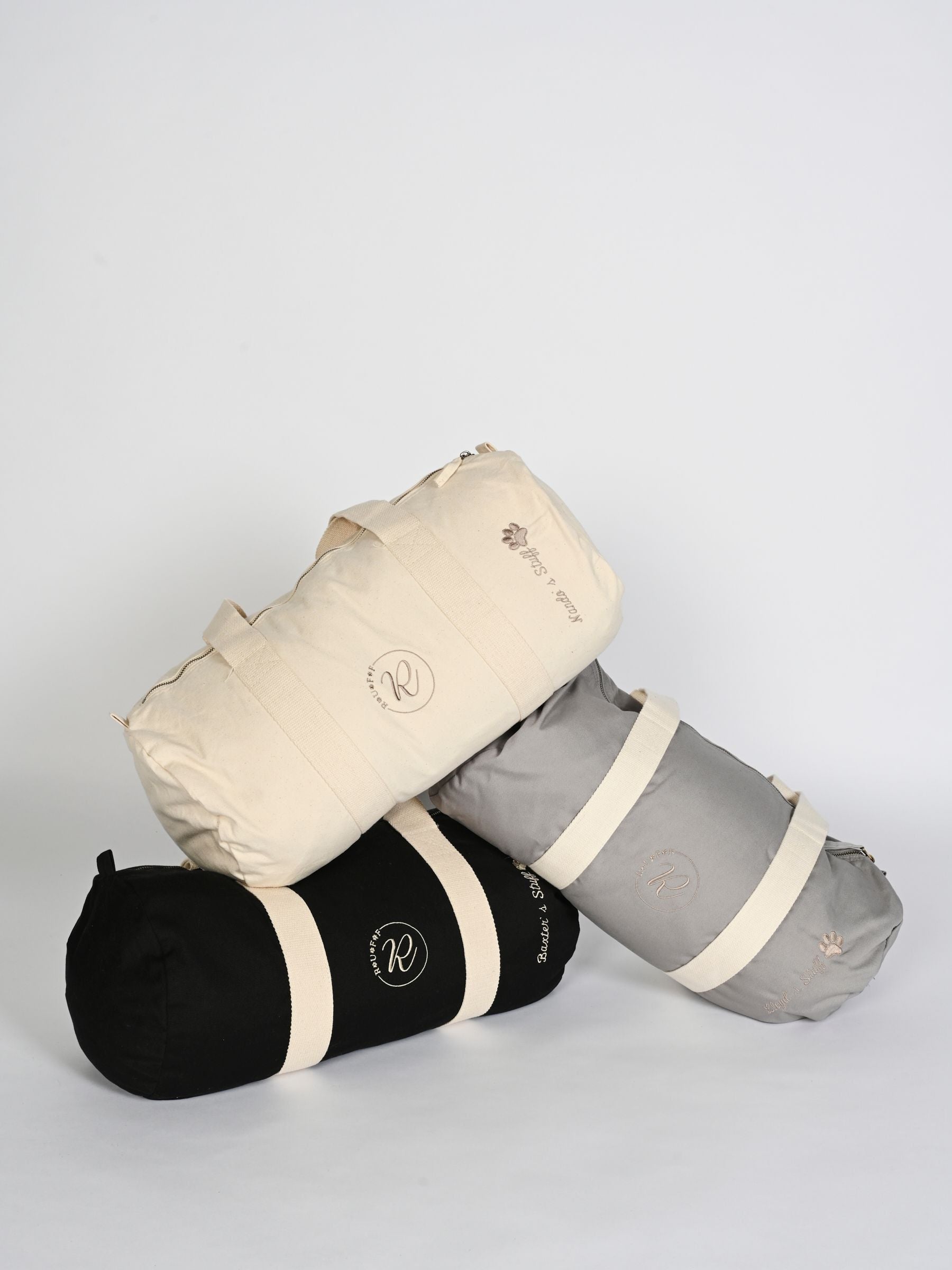 RUFF personalised grey barrel bag for dogs, UK version