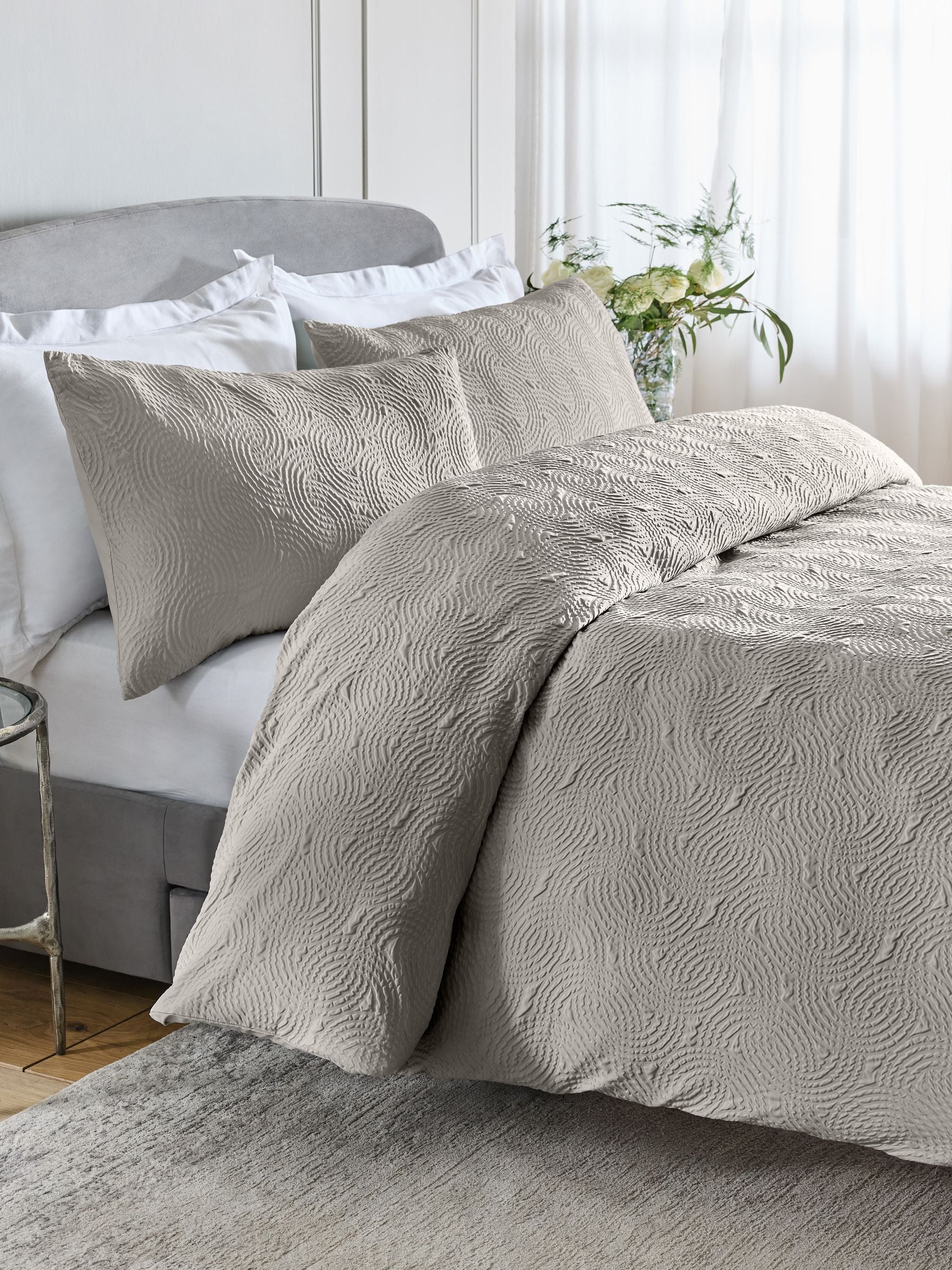 Grey silver embossed geometric duvet cover and pillowcase set - British product