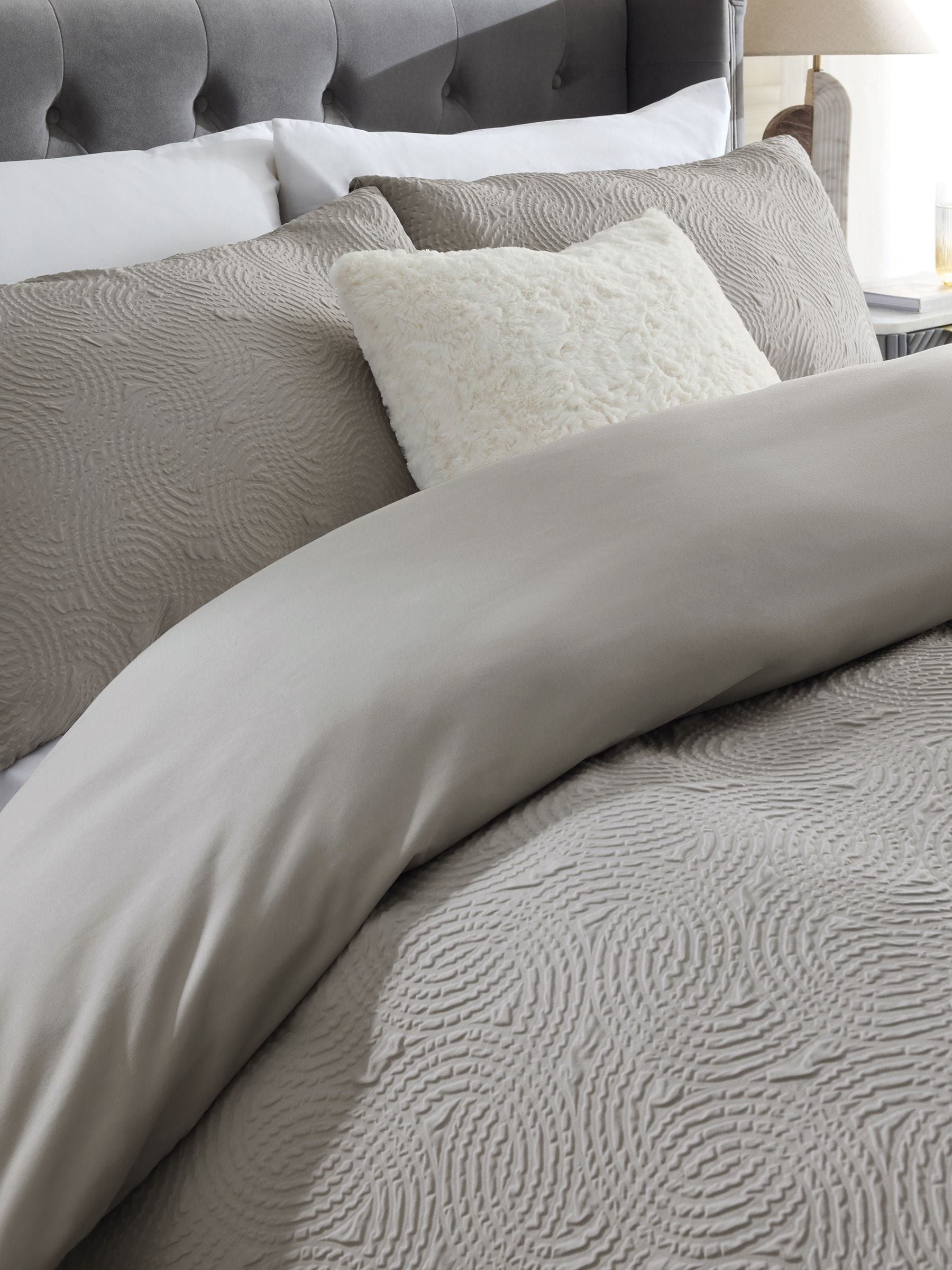 Grey silver embossed geometric duvet cover and pillowcase set - British product