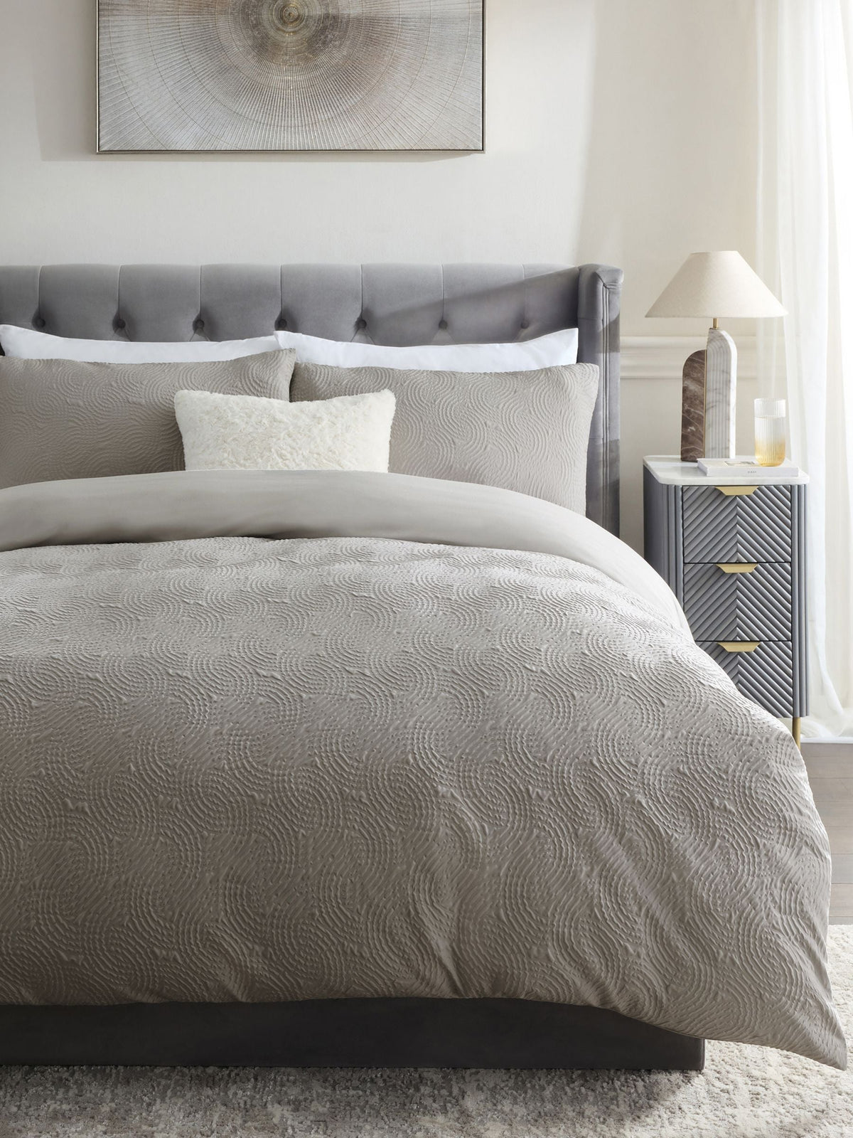 Grey silver embossed geometric duvet cover and pillowcase set - British product