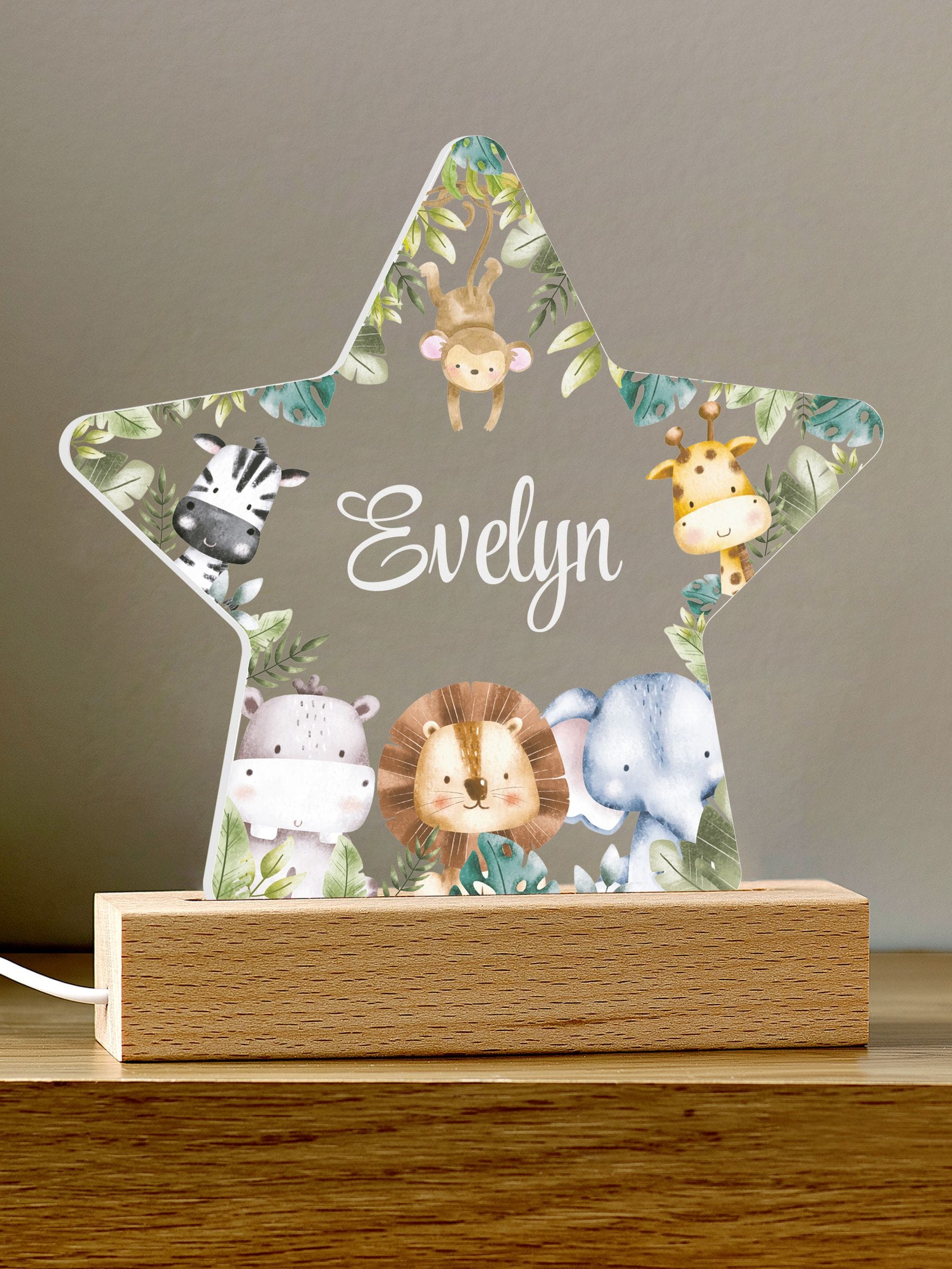 Loveabode personalised jungle night light 15cm wooden base, UK version