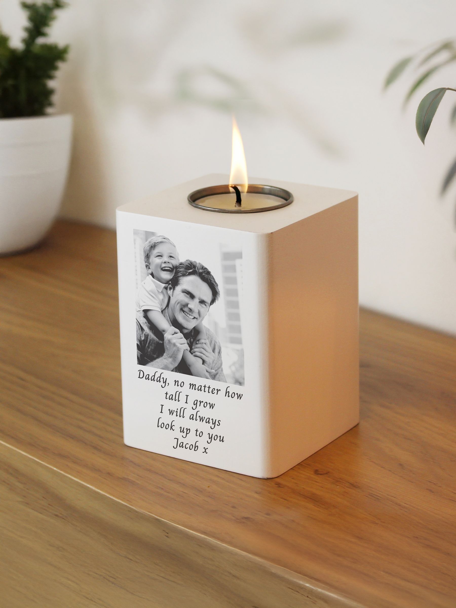 PMC personalised wooden tea light holder 10x7x7 cm - British product