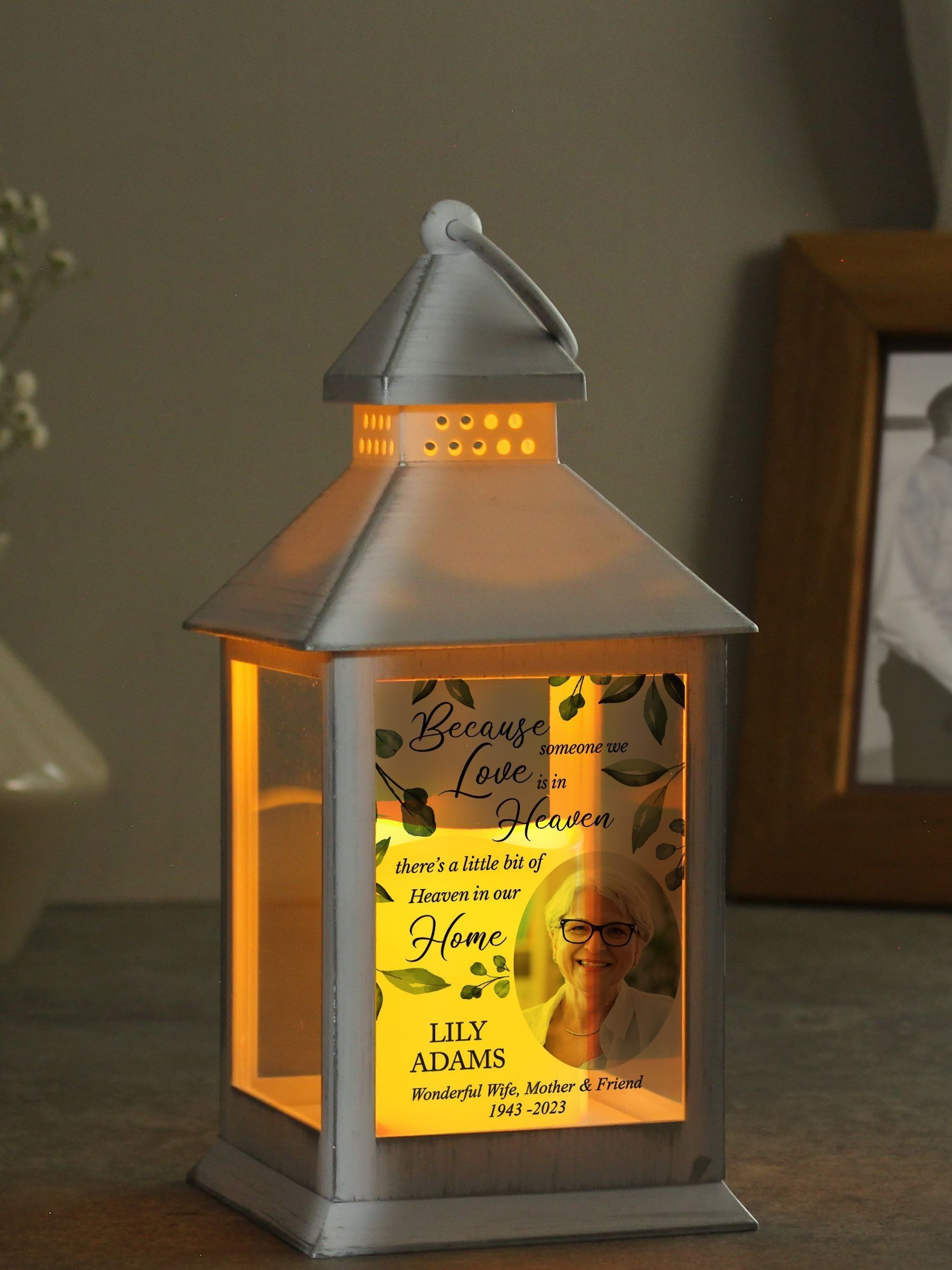PMC Personalised Botanical Memorial Photo Upload White Lantern, imported from the UK