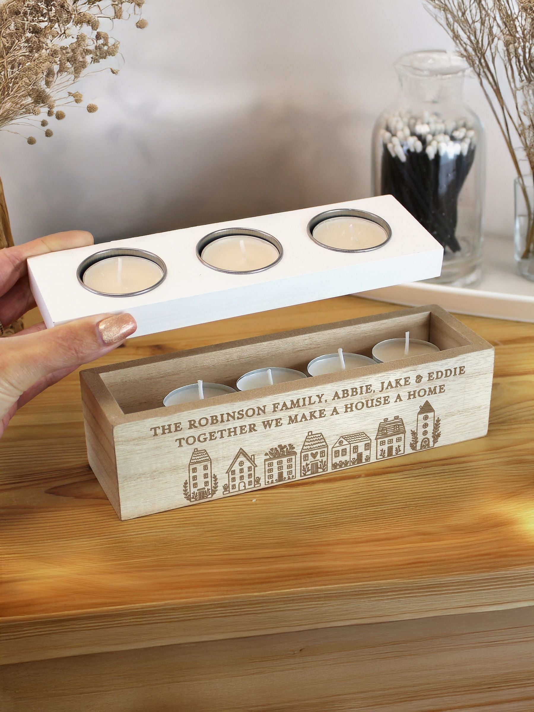 PMC personalised wooden candle holder with storage box (British brand)