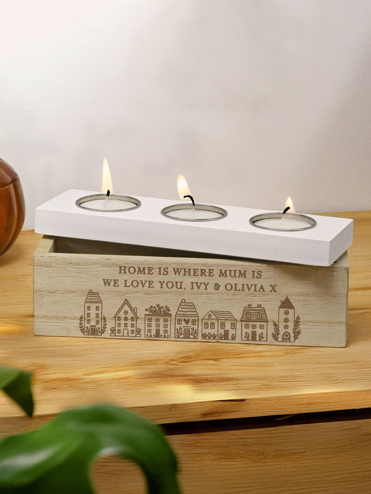 PMC personalised wooden candle holder with storage box (British brand)