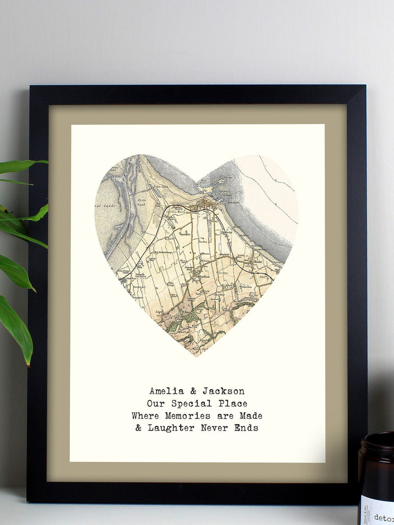 PMC personalised map heart framed print, imported from the UK
