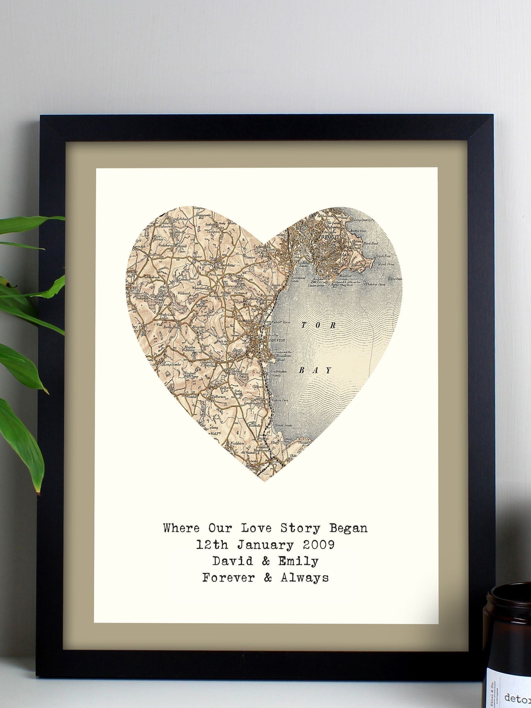 PMC personalised map heart framed print, imported from the UK