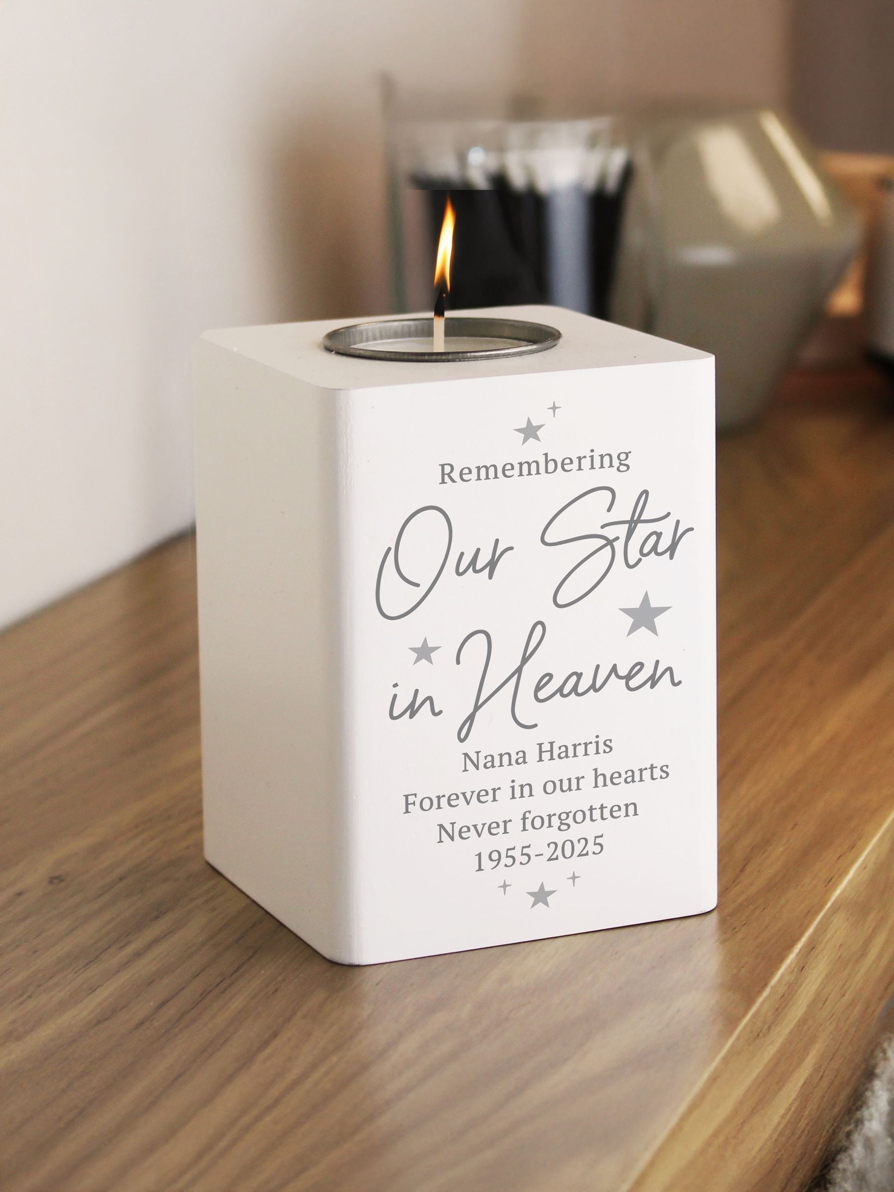 PMC Our Star in Heaven wooden tea light holder, imported from the UK