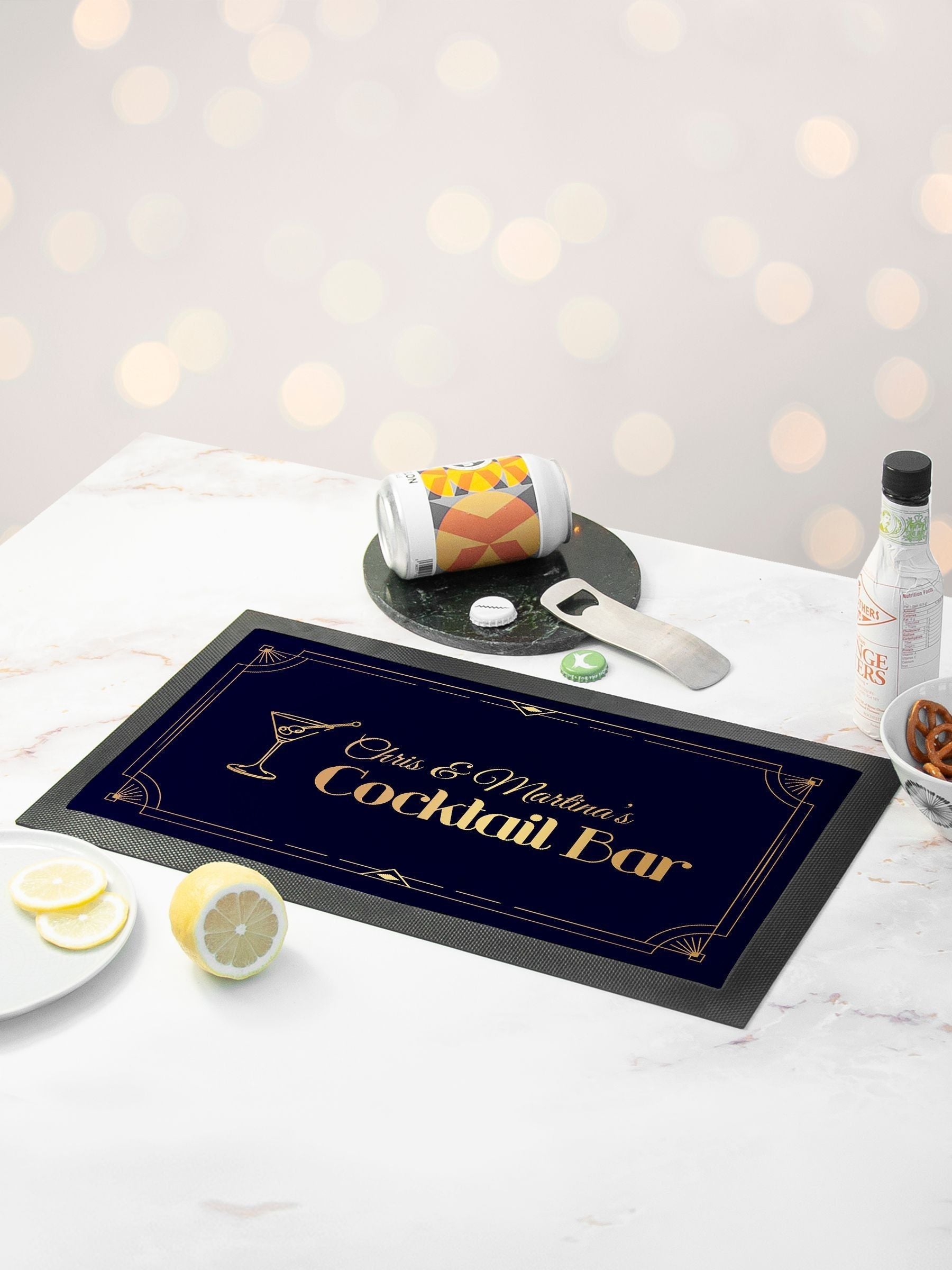 Treat Republic black cocktail bar mat with golden design (British brand)