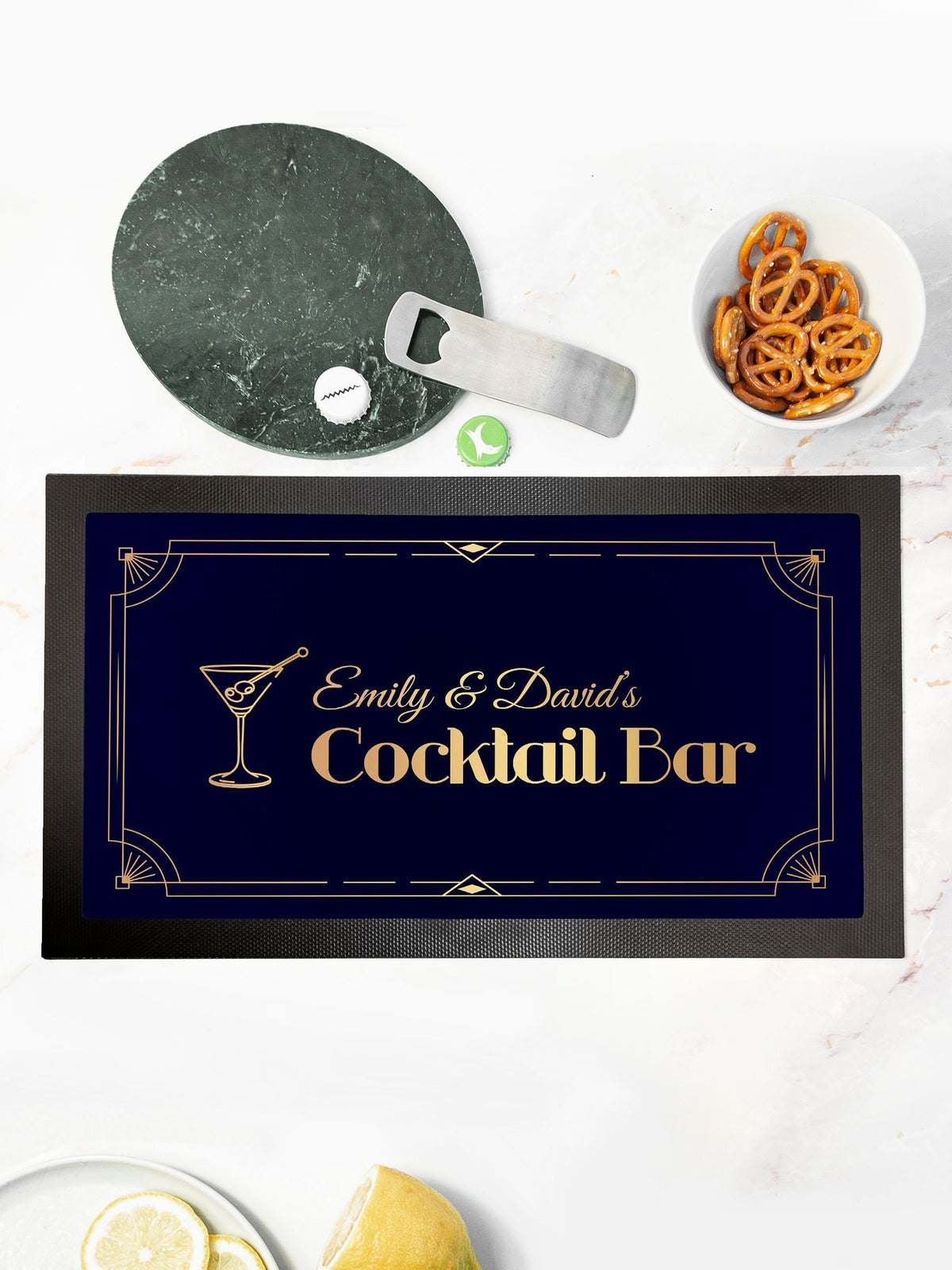 Treat Republic black cocktail bar mat with golden design (British brand)