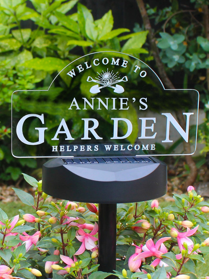 PMC personalised solar garden light with custom message, imported from the UK