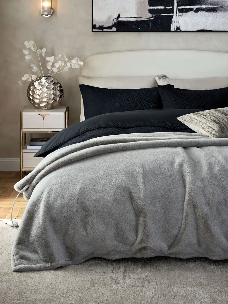 Grey plush electric heated faux fur throw, imported from the UK